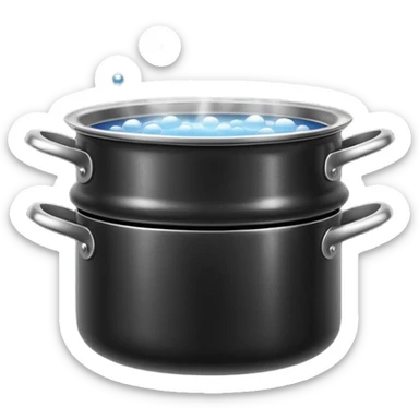 black small metal pot filled with boiling water on a stove, visible hot steam and rising bubbles, realistic heat effect, shiny pot surface, bright lighting, clean white background sticker