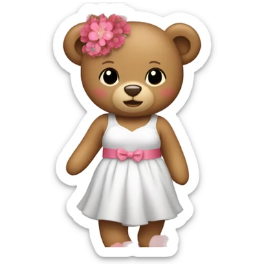 Teddy bear wearing a white dress with pink and red flowers  sticker