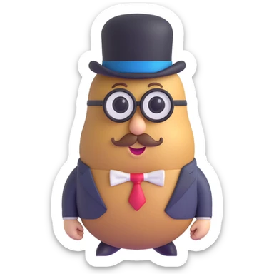 realistic potato with monocle, suit, and top hat, memoji-inspired, clearly a potato and not a person, presidential candidate sticker