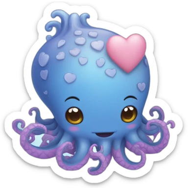 cute blue kraken with adorable face with many hearts around sticker