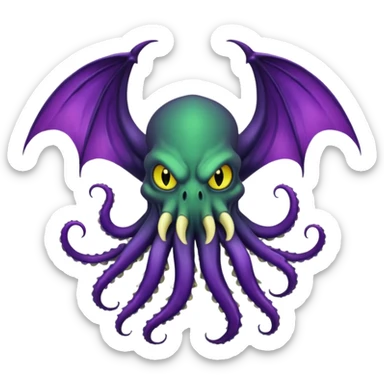 deep green Cthulhu with purple bat wings and purple gradient tentacles. Yellow angry eyes. yellow suckers on tentacles. dramatic ominous shading. two saber-teeth sticker