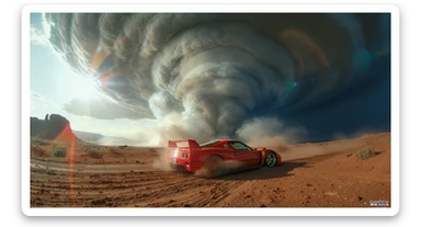 Cinematic still of a ferrari f40 around tornado od arizona desert, sun flare, big earth in background, captured by gopro hero with effect fisheye sticker