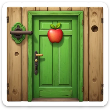 A wooden green door emoji in the style of Apple emoji with a handle sticker