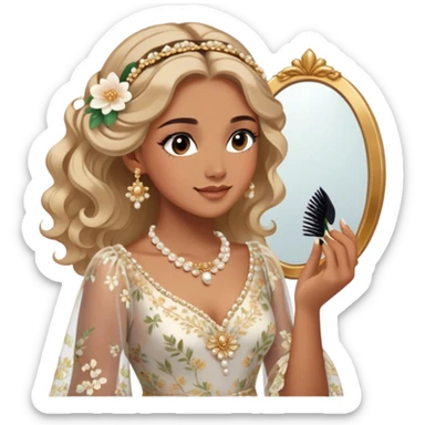  Middle Eastern-inspired moment of a woman getting ready in front of a mirror. She wears a delicate floral dress with sheer, flowy sleeves, accessorized with gold jewelry and traditional pearl-adorned hair clips. Her  as she applies mascara, her reflection revealing a soft smile.  sticker