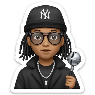 African American man with shoulder length black dreadlocks wearing black sunglasses with black bubble winter coat wearing black New York Yankees baseball hat rapping into a microphone sticker