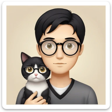A young man with a long face and warm yellow-toned skin, featuring black hair styled in a back-length cut and large eyes framed by black thin-rimmed square-round glasses,cradling a grayish-white cat. （only one cat!!） sticker