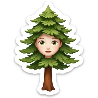 Un petit sapin vert sylvestre, féminin, regard malicieux, tâches de rousseurs délicates, joues roses. Yeux de biche brillants en forme amande, yeux couleur ambre, tronc couleur acajou. Sapin en mouvement, incurvé pour un effet vivant. Style meoji. sticker