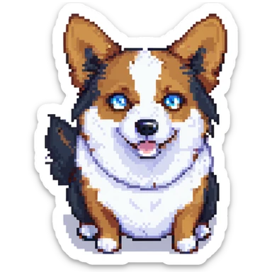 pixel art anthropomorphic corgi, black fur, white underbelly, heterochromia one brown one blue eye, scared look sticker