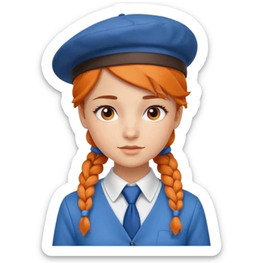 orange braided hair girl, wearing white shirt, Blue Necktie and a brown berret Hat sticker
