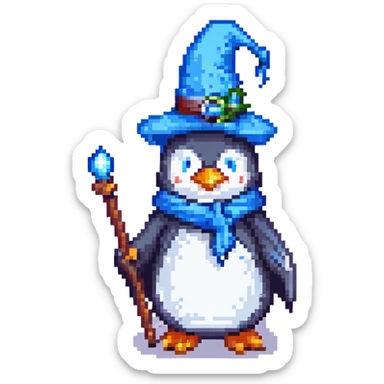 pixel art penguin wizard with a blue hat and staff sticker