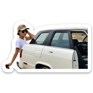 A person stands outside of to a car parked on the side of a long, open road. The sky ahead is clear and glowing, full of possibilities. One hand is on the steering wheel, the other points forward. The rearview mirror reflects storm clouds, but the windshield shows mountains ahead.  sticker