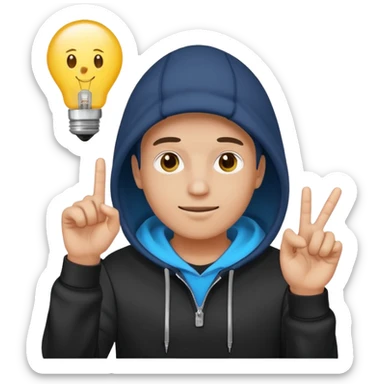 person in a hoodie, startup founder vibe, light bulb above head, finger up, emoji style sticker
