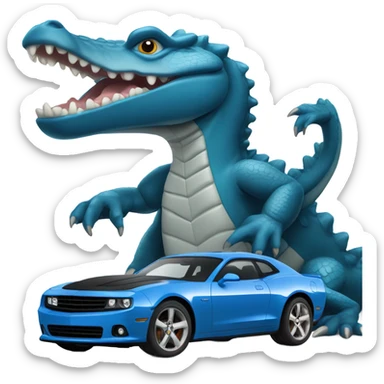 blue crocodile with an expensive muscle car sticker