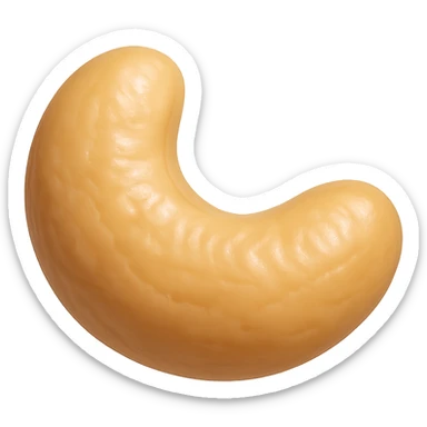 Show only a single cashew nut in a realistic crescent shape with a smooth, slightly wrinkled beige or light tan texture. The cashew should appear glossy and slightly roasted with a soft sheen, placed on a pure white background. The style should resemble 3D emoji style with realistic details. sticker