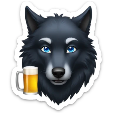 black wolf with blue eyes drinking a beer sticker