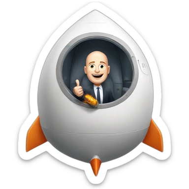 Jeff Bezos inside a comically small rocket giving a thumbs up sticker