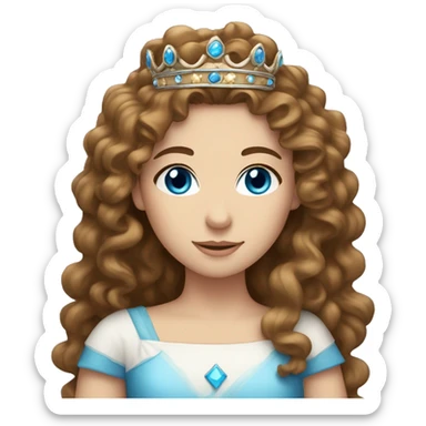 Long Curly brown hair, blue eyed, White girl, wearing a crown  sticker