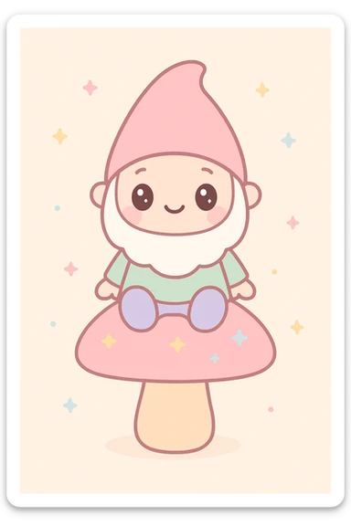 cute garden gnome, sitting on a mushroom, kawaii style, adorable, colorful, charming sticker