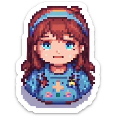 a girl with a puzzled face, pixel art style sticker