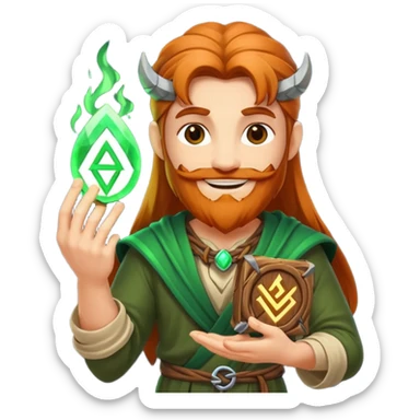 druid character satisfied smile holding glowing rune sticker