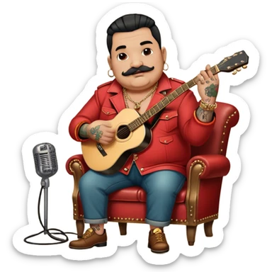 Icon for Chanson: Old fat chanson singer with tattoos and small moustache, red jacket, gold chains and braslettes, sitting on a chair with an acoustic guitar and standing microphone. No earrings. The atmosphere should reflect a nostalgic, soulful vibe with vintage elements. Transparent background. sticker