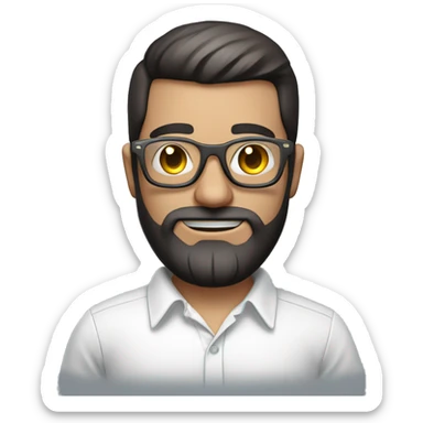 Emoji man with beard holding macbook in hands wearing transparent glasses and shirt, profession - graphic designer. Features: white skin, weight 100 kg, dark hair, age 21 years, earring in left ear sticker