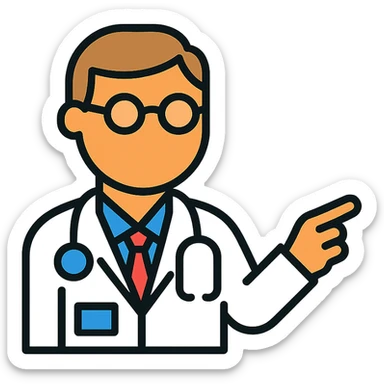 doctor pointing, modern flat icon, minimal details, blue accents sticker