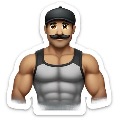 Muscular furry male, black underwear, with black moustache and casquette yankee  sticker