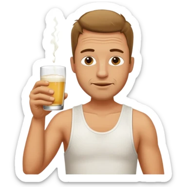 a man in a white tank top, drinking a glass of pastis, drunk sticker