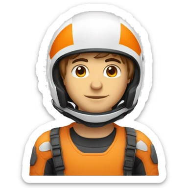 Un jeune homme avec un air énervéau teint humain portant un casque de moto de couleur orange et blanc avec la vitre ouverte sticker