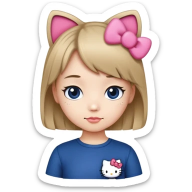 Girl with short dark Blondie hair, Dark BLUE shirt with Hello Kitty custume  sticker