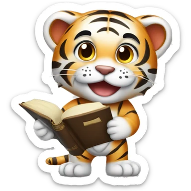 a cute tiger holding a book smiling and looking ready to study sticker