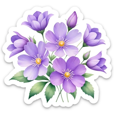 "A collection of delicate purple flowers in a soft watercolor style." sticker