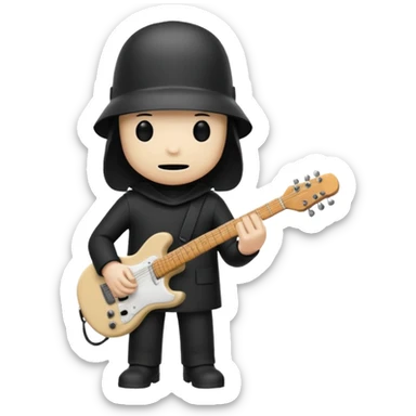 Minimalist chibi emoji of Buckethead: tiny body, oversized bucket helmet, simple black clothes, holding a guitar, spooky-cool but adorable sticker