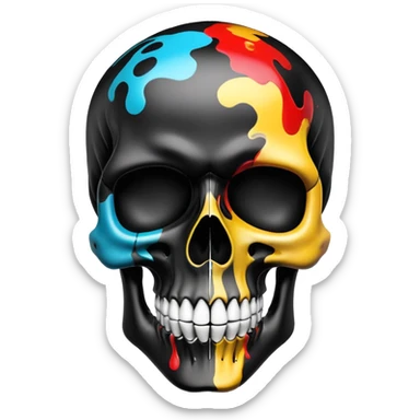 ultra premium smooth black skull with precise designer brand logo patterns, vibrant color splashes contained within skull shape, clean professional airbrush effect, front view sticker