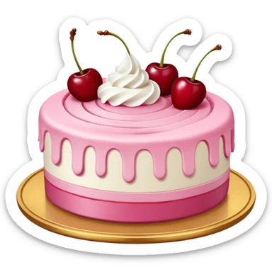 Round pink frosted cake with textured buttercream sides, placed on a gold cake board.
White whipped cream swirls on top, each topped with glossy red cherries with stems, clean studio lighting, isolated background, realistic minimal smooth emoji-style. sticker