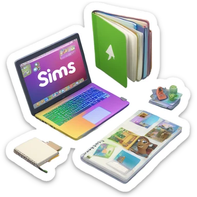Notebooks and laptop out with sims 4 on laptop sticker