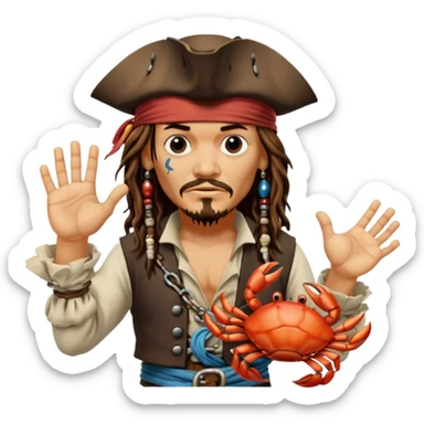 jack sparrow from the film pirates of the caribbean, shooo-ing the stone-crab.
- jack is looking to the left, hands mimicing to the left
 sticker