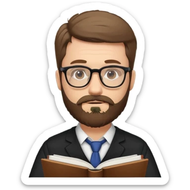 bearded man with glasses studying sticker