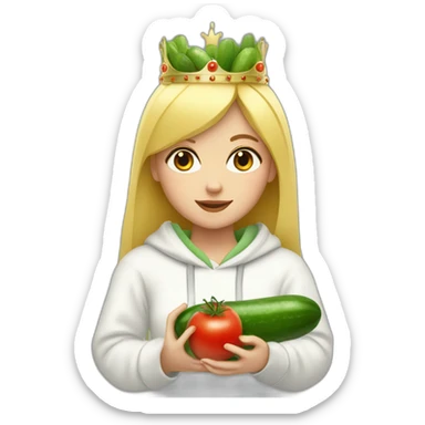 blonde girl  eating  cucumber and tomatoes with white hoodie iridescent and a crown princess sticker