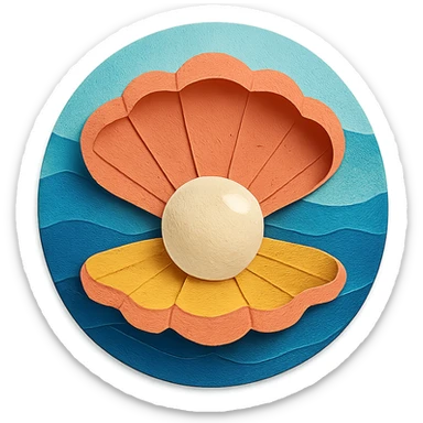 clam with a large pearl, ocean background, layered paper effect, paper-craft style sticker