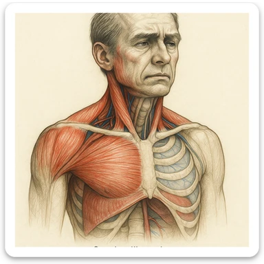 realistic anatomical illustration showing a blocked diaphragm, highlighting overloaded neck and shoulder muscles, detailed style, use colors to distinguish involved areas sticker