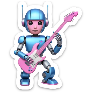 a cyper robot carry her note and electric guitar and try to change the world with pink and bluecolor sticker