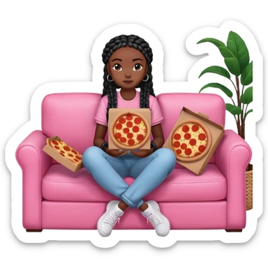 A dark skinned black girl with black box braids with a pizza box, on a pink couch in comfy outfit sticker