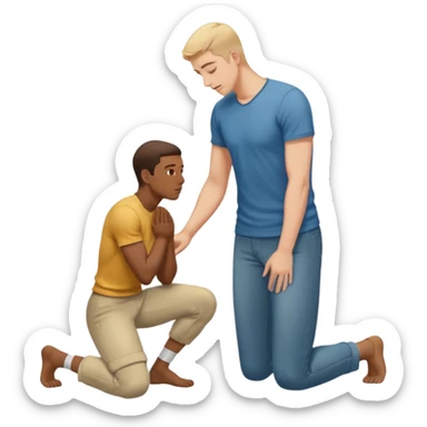 one guy standing up and the other guy is on both of his knees in front of said guy standing up who is loookg down at him and guy on knees is looking up at him sticker