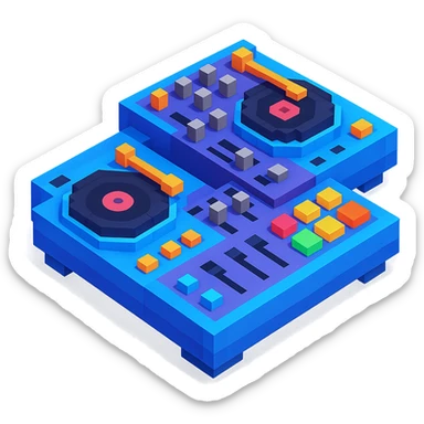 detailed DJ equipment close-up with turntables, mixer, and glowing buttons sticker