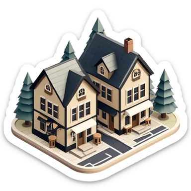 Isometric exterior little black, beige, and white mountain resort town brewery, dollhouse style 3D realistic  sticker