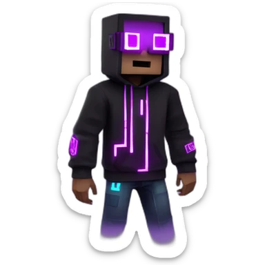Minecraft steve wearing a black hoodie with "OMG" letters on it and VR headset in a cyberpunk VR environment with violet neon lighting. sticker