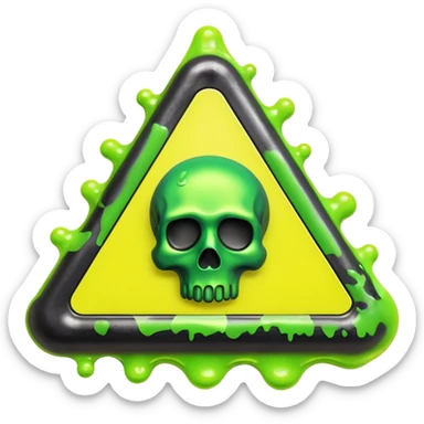 3D render of Oil Slick, toxic waste aesthetic, neon green bubbling liquid, caution yellow metal, industrial warning texture. sticker