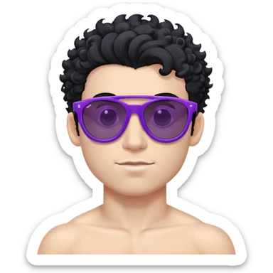 shirtless male athlete with white skin and moderately curly black hair on top with shaved sides, wearing purple sunglasses with black tinted lenses sticker